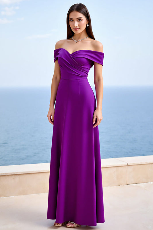 Plum Satin Off the Shoulder Sheath Ruched Long Formal Dress