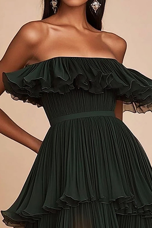 Dark Green A Line Strapless Tiered High-Low Formal Dress