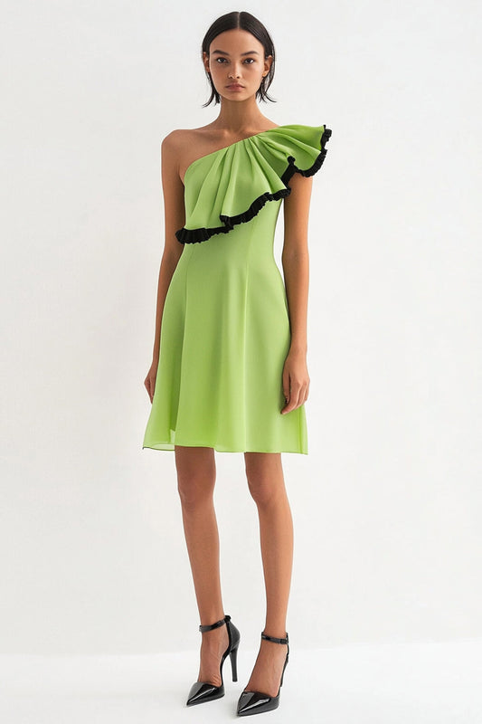 Lemon Green A Line One Shoulder Chiffon Short Work Dress with Ruffles