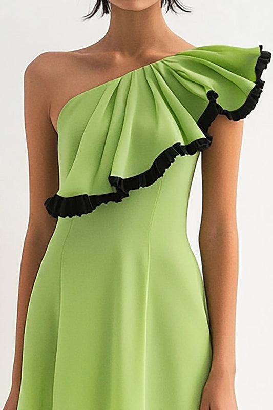 Lemon Green A Line One Shoulder Chiffon Short Work Dress with Ruffles