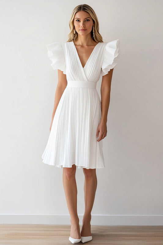 Ivory A Line Chiffon V-Neck Short Graduation Dress with Ruffles
