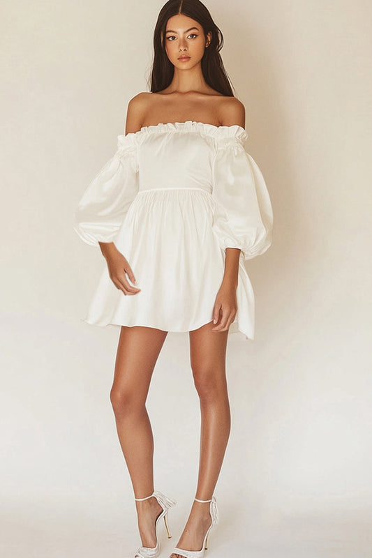 Ivory Satin Square Neck Short Ruffles Graduation Dress with Puff Sleeves