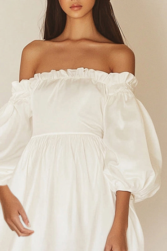 Ivory Satin Square Neck Short Ruffles Graduation Dress with Puff Sleeves