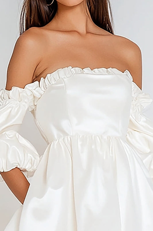 White Satin Square Neck Mini Graduation Dress with Puff Sleeves