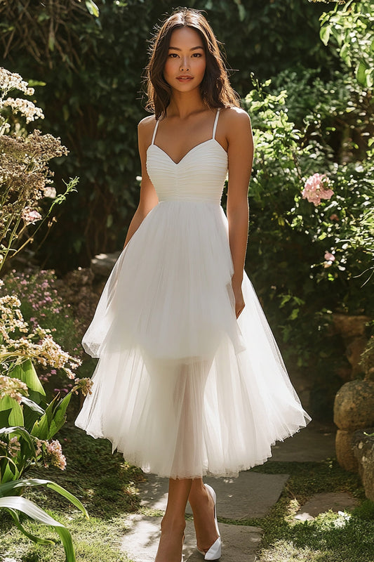 White Tulle Spaghetti Straps Midi A Line Engagement Dress