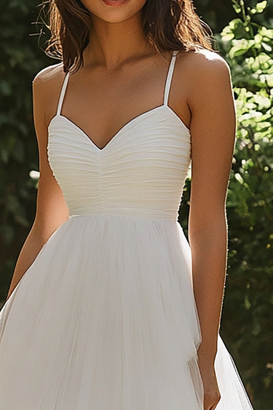 White Tulle Spaghetti Straps Midi A Line Engagement Dress