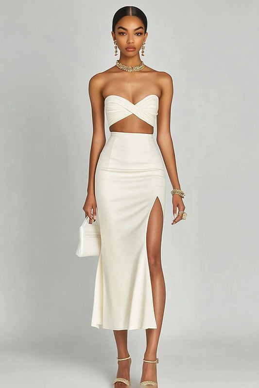 Ivory Two Piece Satin Bodycon Long Engagement Dress with Slit