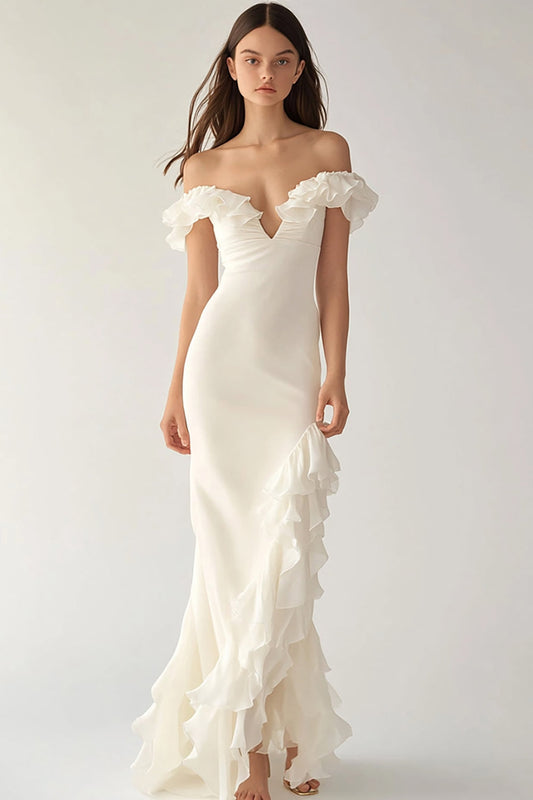 Ivory Off the Shoulder Long Satin Engagement Dress with Ruffles