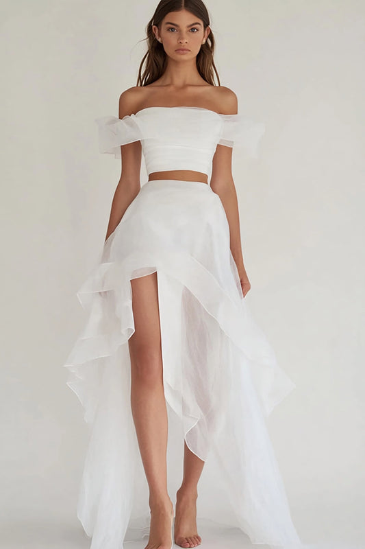 White Organza Off The Shoulder Asymmetrical Engagement Dress with Ruffles Two Piece A Line Rehearsal Dinner Dress with Slit