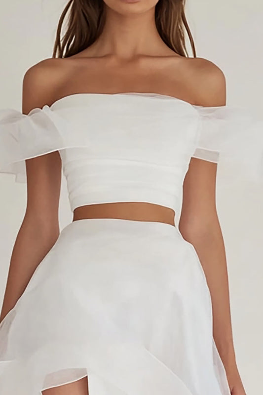 White Organza Two Piece Asymmetrical Engagement Dress with Slit