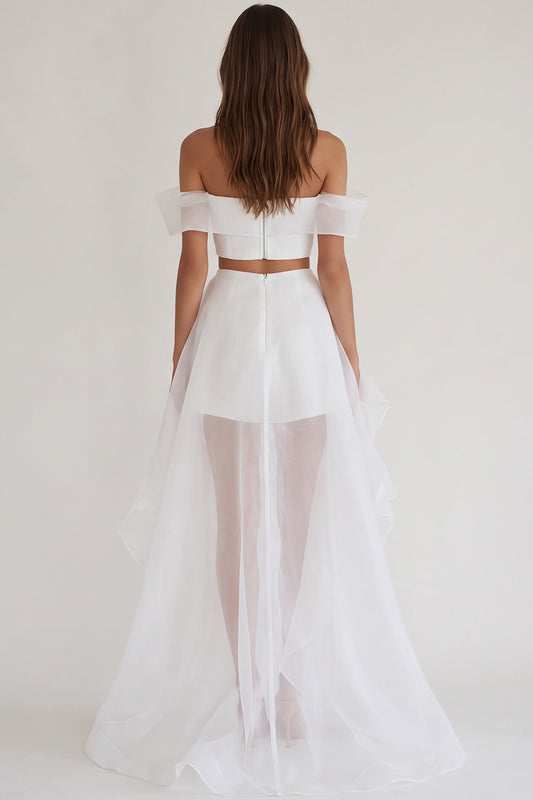 White Organza Two Piece Asymmetrical Engagement Dress with Slit