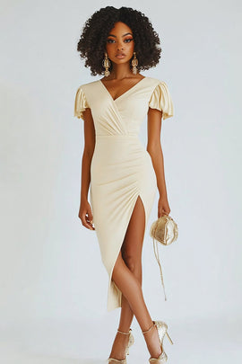 Champagne V-Neck Midi Bodycon Engagement Dress with Ruffles