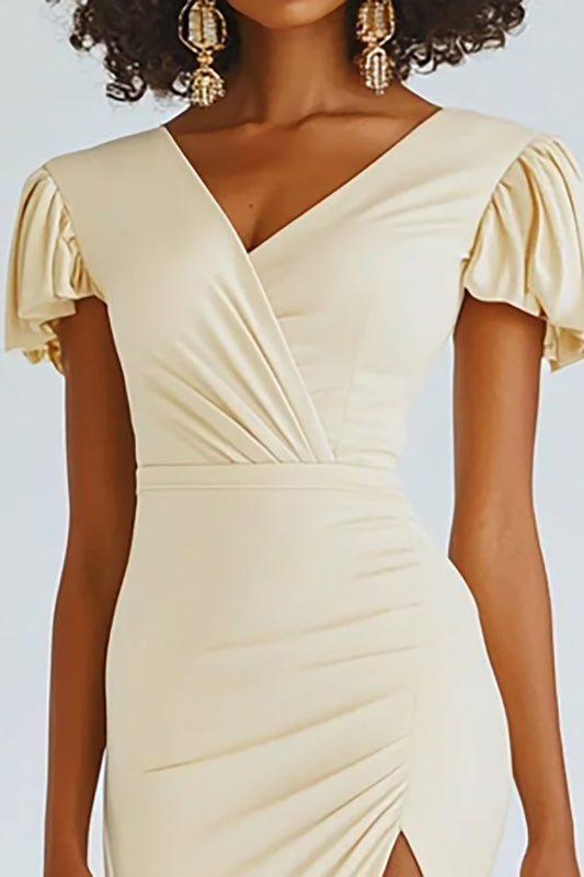 Champagne V-Neck Midi Bodycon Engagement Dress with Ruffles