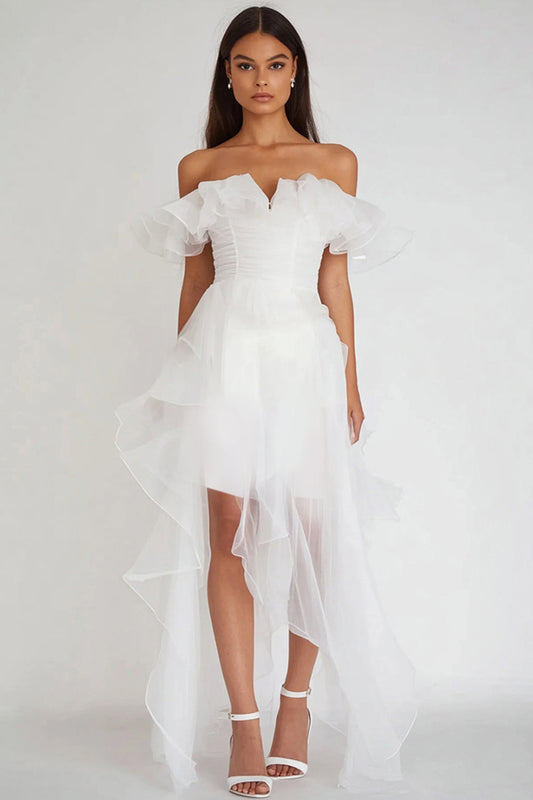 White Organza Off the Shoulder High-Low Graduation Dress with Ruffles