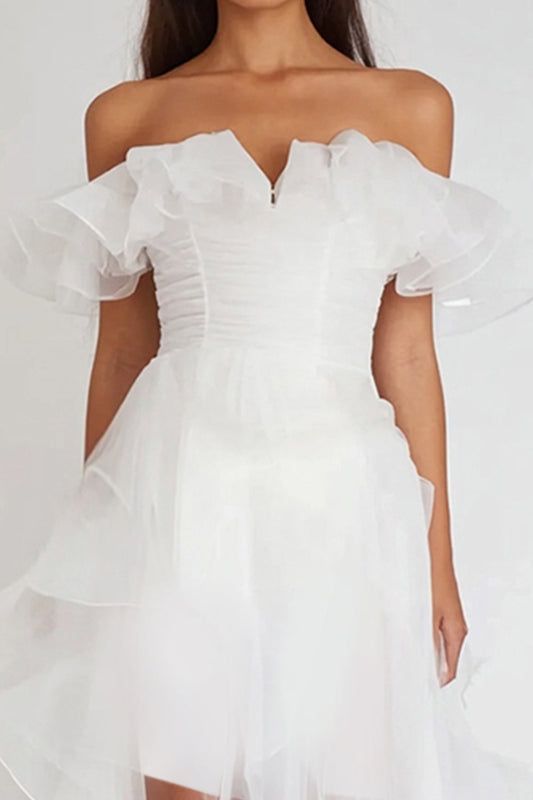 White Organza Off the Shoulder High-Low Graduation Dress with Ruffles