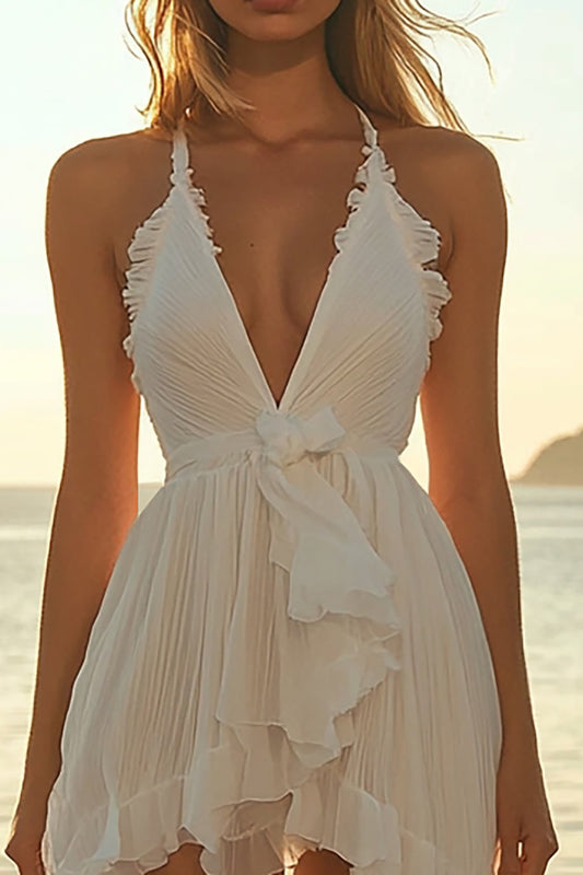 Ivory Chiffon A Line Short Halter Boho Graduation Dress with Ruffles