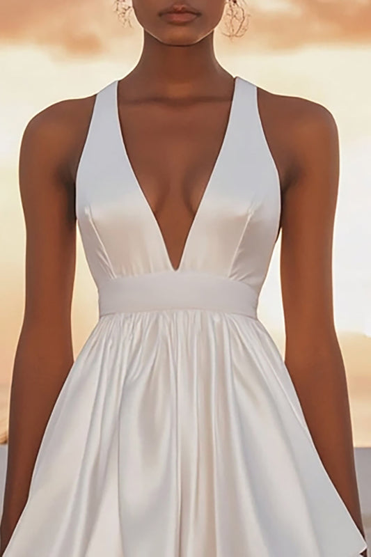 White Satin A Line Short V Neck Graduation Dress