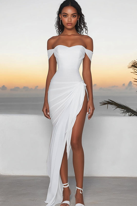 White Off The Shoulder Asymmetrical Engagement Dress