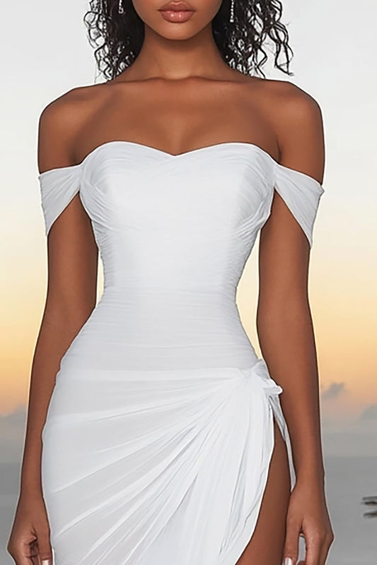 White Off The Shoulder Asymmetrical Engagement Dress