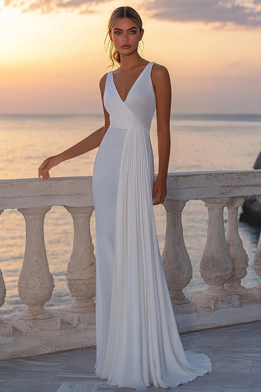 White Chiffon Sheath Boho Wedding Dress with Pleats V Neck Sheath Engagement Dress