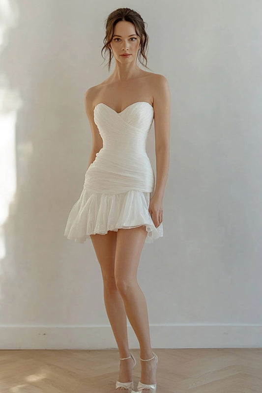 White Strapless Short Graduation Dress with Pleats