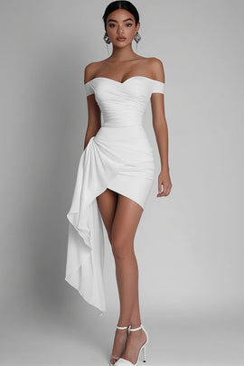 White Satin Bodycon Off The Shoulder Short Graduation Dress
