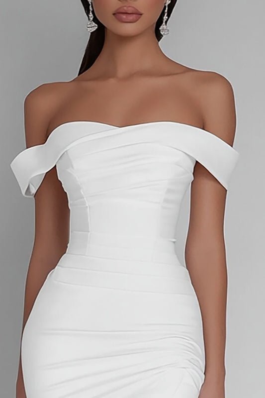 White Satin Bodycon Off The Shoulder Ruched Short Graduation Dress