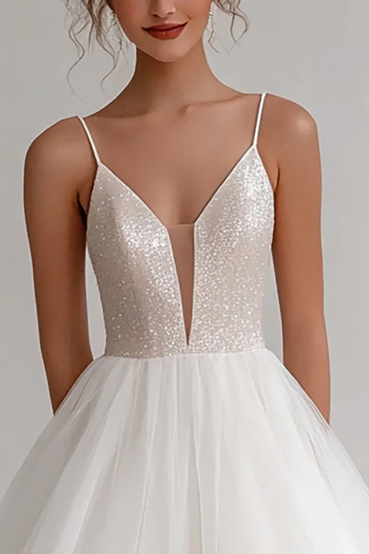Sparkly Ivory Spaghetti Straps Short A Line Graduation Dress with Sequins