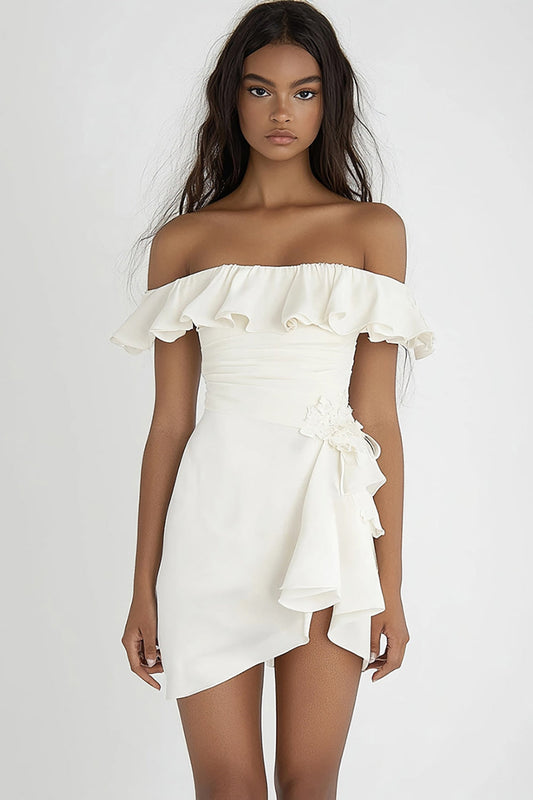 Ivory Bodycon Off The Shoulder Short Graduation Dress with Ruffles