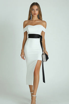 White and Black Bodycon Satin Midi Engagement Dress with Slit