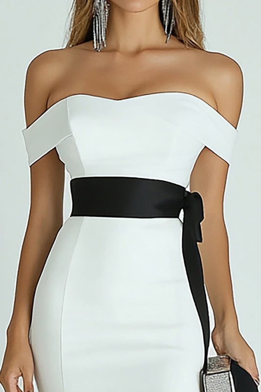 White and Black Bodycon Satin Midi Engagement Dress with Slit