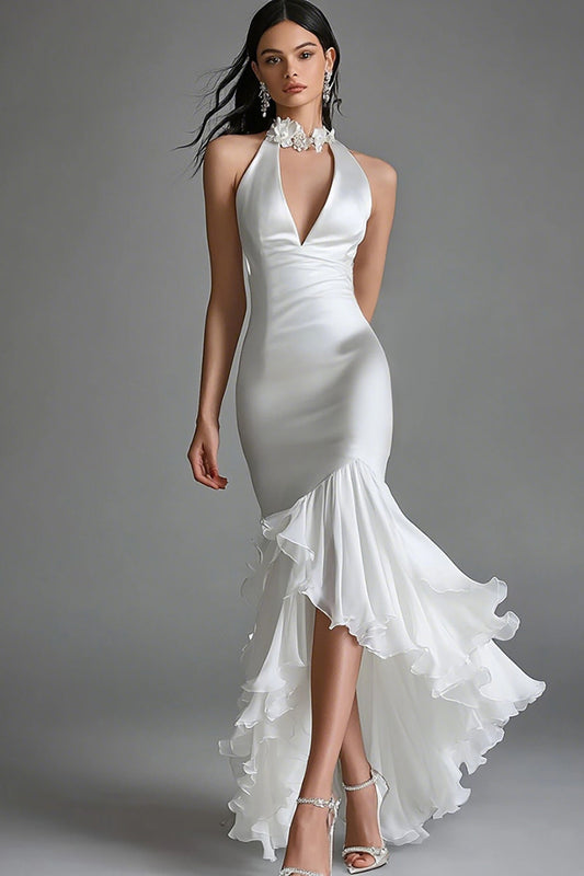 White Satin Keyhole High Neck High-Low Mermaid Engagement Dress