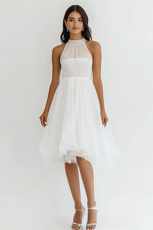 White A Line Chiffon High Neck Midi Graduation Dress