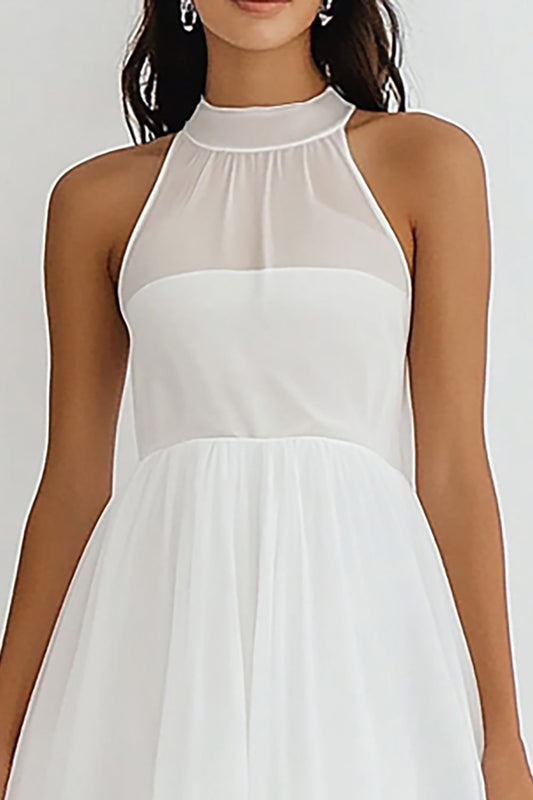 White A Line Chiffon High Neck Midi Graduation Dress
