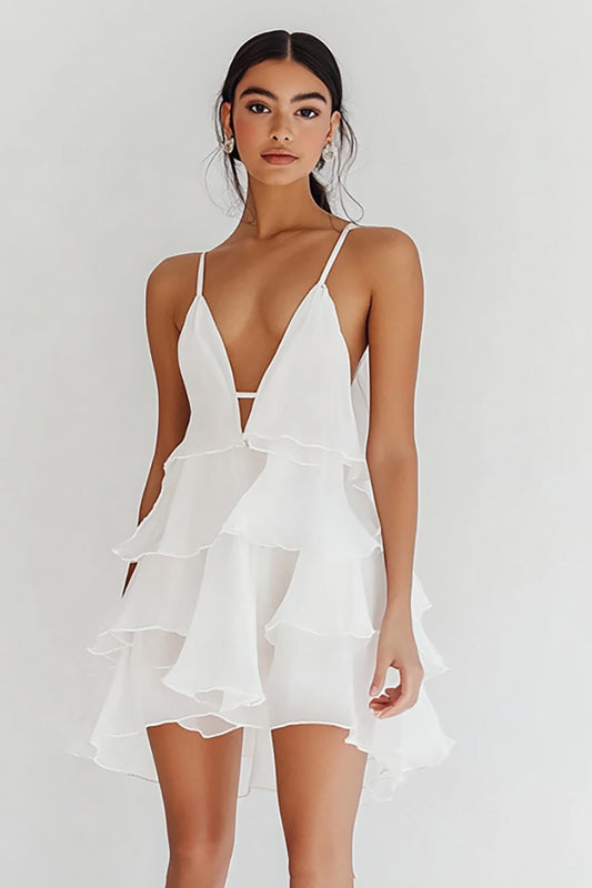 White Chiffon Deep V Neck Short A Line Graduation Dress with Ruffles