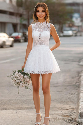 White High Neck Short A Line Graduation Dress with Lace
