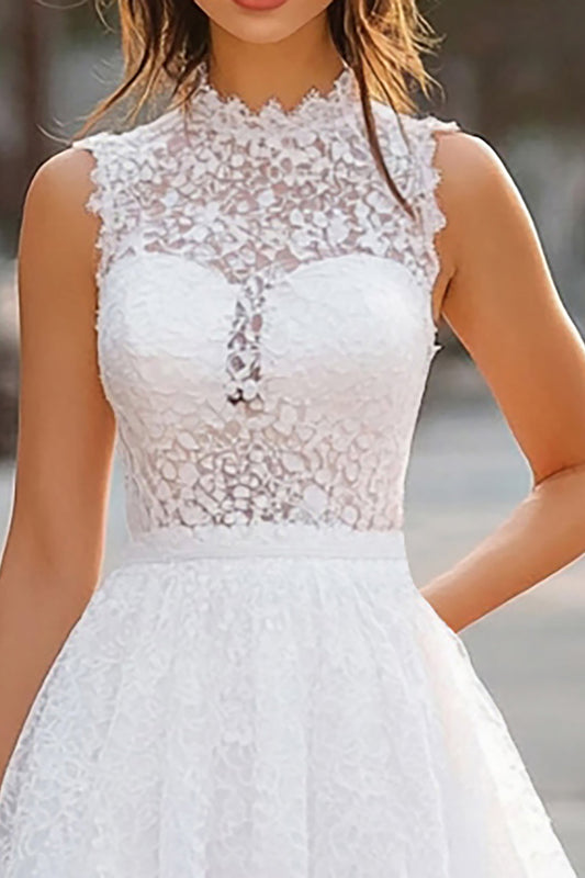 White High Neck Short A Line Graduation Dress with Lace