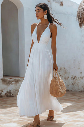 White A Line Chiffon V Neck Long Engagement Dress with Pleats