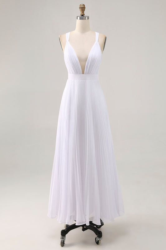 White Chiffon Long Engagement Dress with Pleats A Line V Neck Rehearsal Dinner Dress
