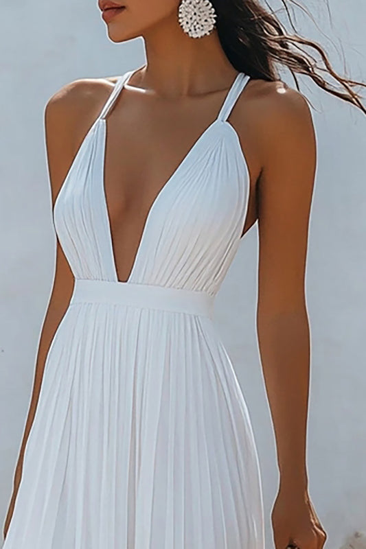 White A Line Chiffon V Neck Long Engagement Dress with Pleats