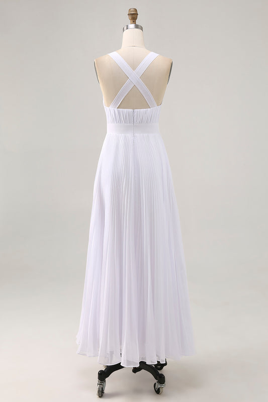 White Chiffon A Line V Neck Long Engagement Dress with Pleats