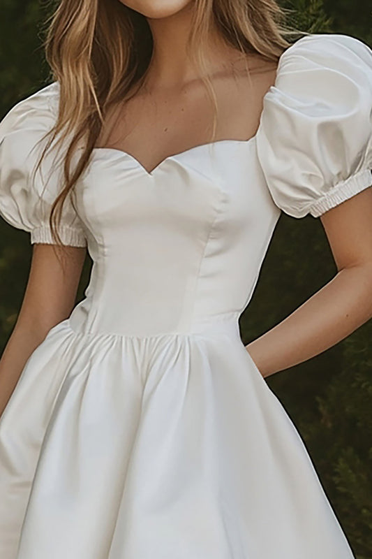 White Sweetheart A Line Short Graduation Dress with Puff Sleeves