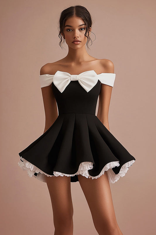 Black and White A Line Satin Short Cocktail Dress with Bow