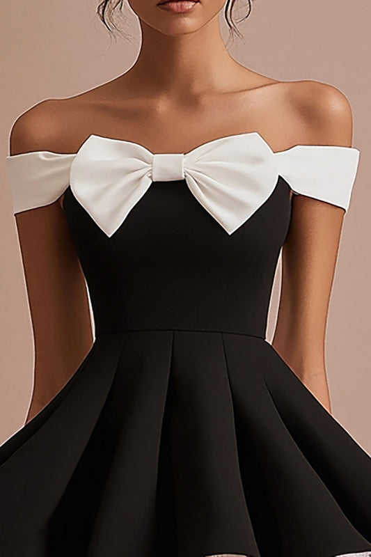 Black and White A Line Satin Short Cocktail Dress with Bow