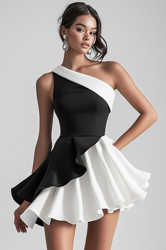 Black and White Satin A Line One Shoulder Pleated Short Cocktail Dress