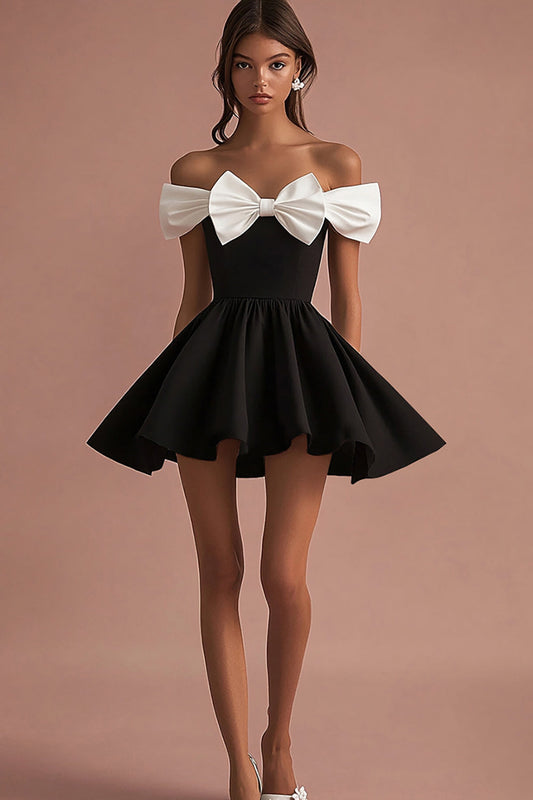 Black and White Satin Off the Shoulder Cocktail Dress with Bow