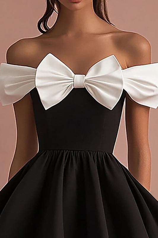 Black and White Satin Off the Shoulder Cocktail Dress with Bow