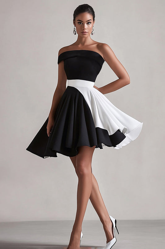 Black and White Satin Pleated One Shoulder Short A Line Cocktail Dress