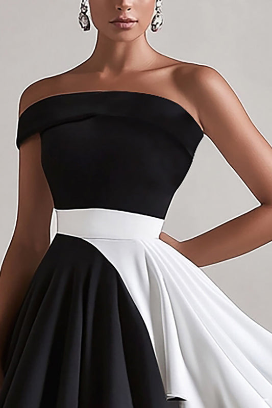 Black and White Satin Pleated One Shoulder Short A Line Cocktail Dress