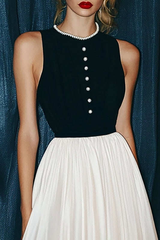 Vintage Black and White Round Neck Chiffon Long A Line Formal Dress